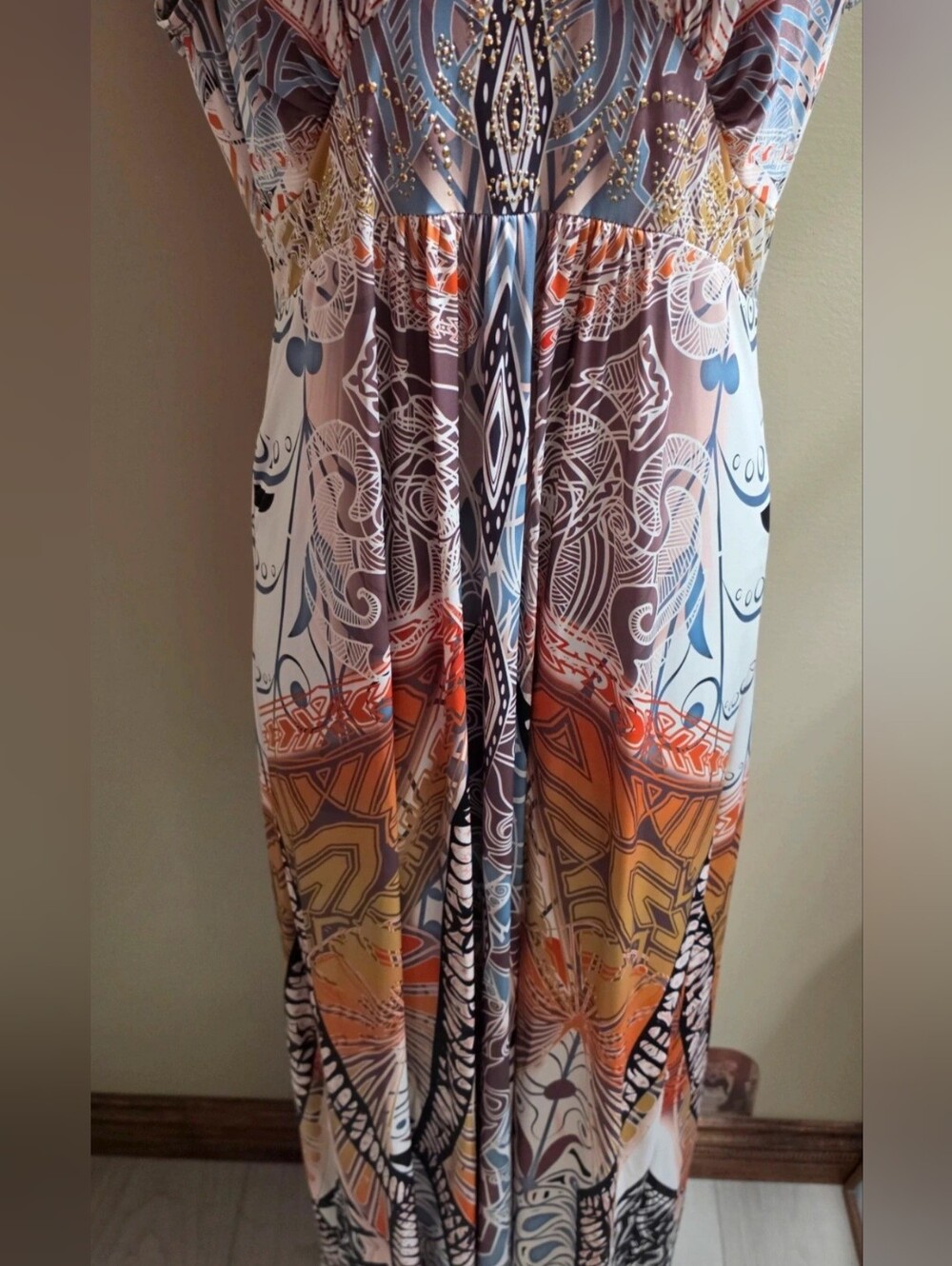 $60 New Boho Printed V-Neck Women’s Dress in Brown & Blue Sz L - Picture 8 of 11